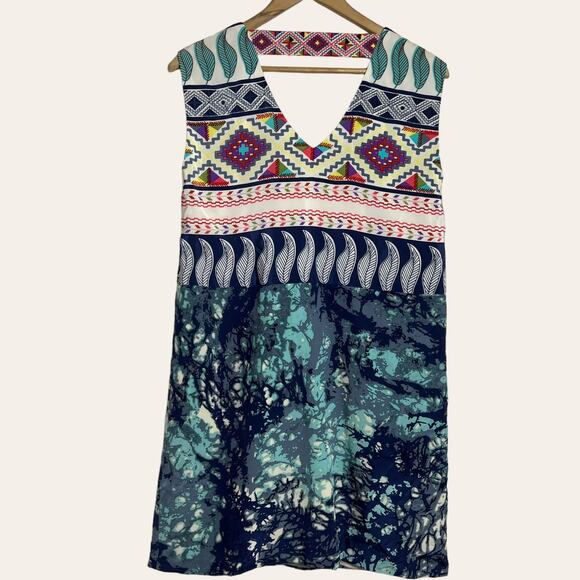 Tibi Aztec Mixed Print 10% Silk Sleeveless V-Neck Mini Shift Dress Size 6 - Picture 9 of 10
